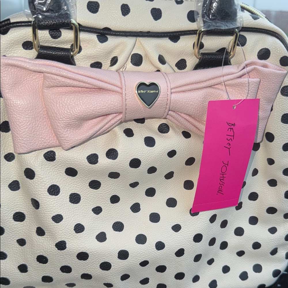 Betsey Johnson Black and Cream Polka Dot Satchel with Pink Bow